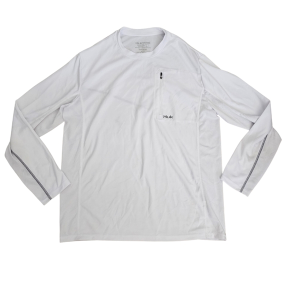 Men's Huk Icon X Long Sleeve Performance Shirt Chest Zipper Pocket Large white - Picture 1 of 6